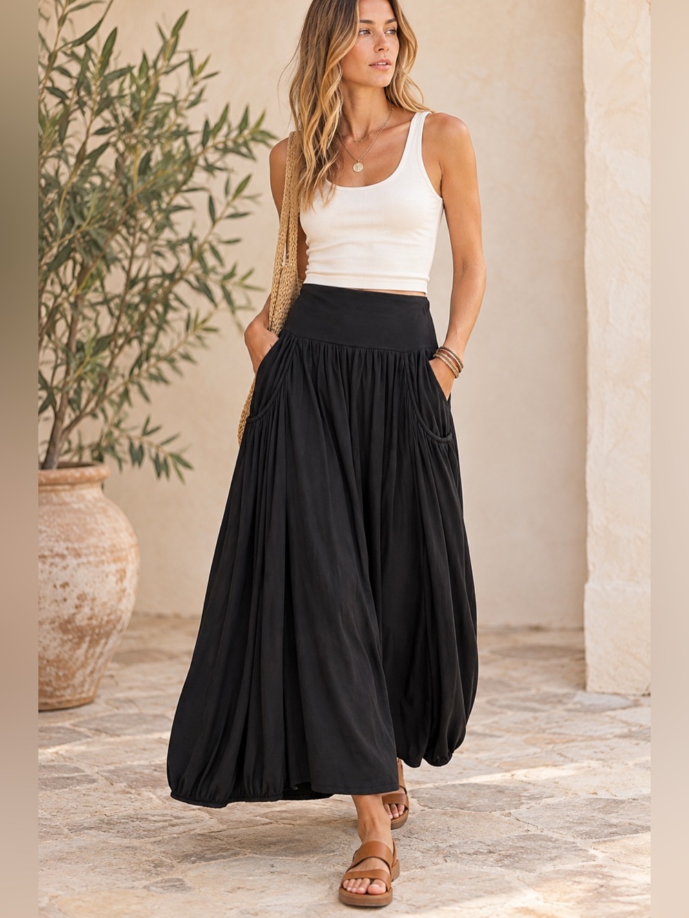 Garnet Hill Favorite Maxi Skirt Medium Black Cotton Modal Foldover Waist Pocket